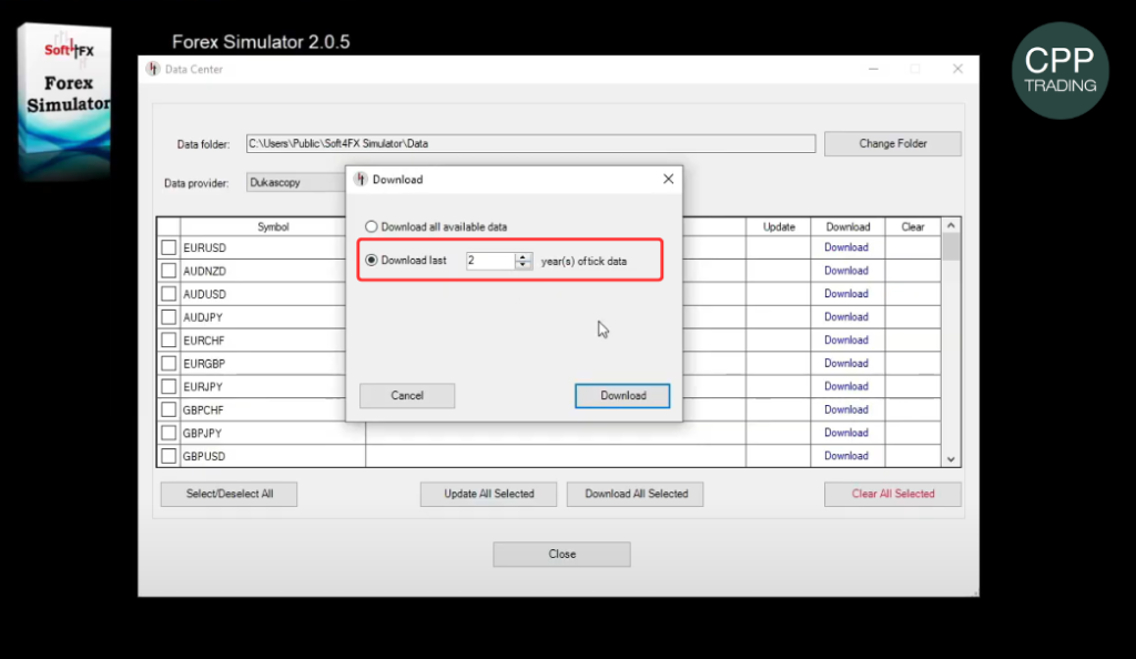 Soft4FX Forex Trading Simulator Data Center settings window for MetaTrader on Windows.