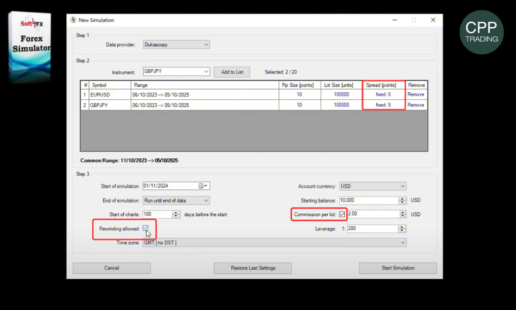 Soft4FX Forex Trading Simulator New Simulation settings window for MetaTrader on Windows.