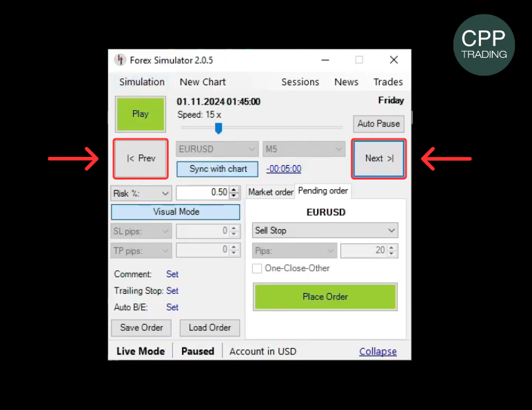 Soft4FX Forex Trading Simulator Prev and Next candle navigation buttons on the MetaTrader 5 trading panel.