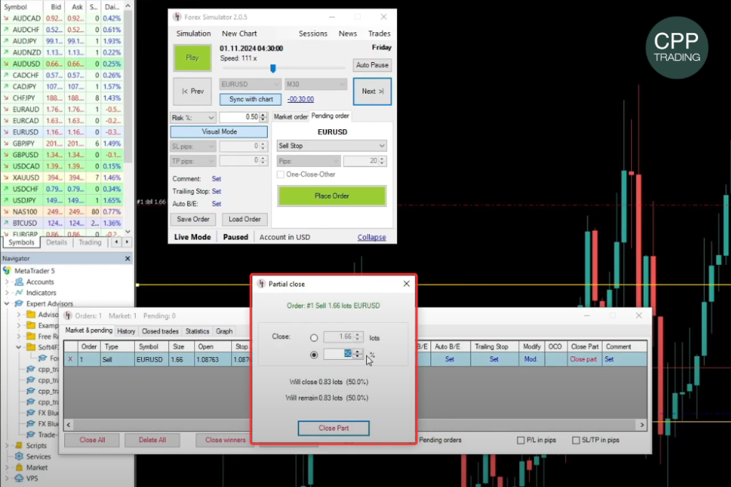 Soft4FX Forex Trading Simulator Partial Close Settings window for managing trades in MetaTrader 5.